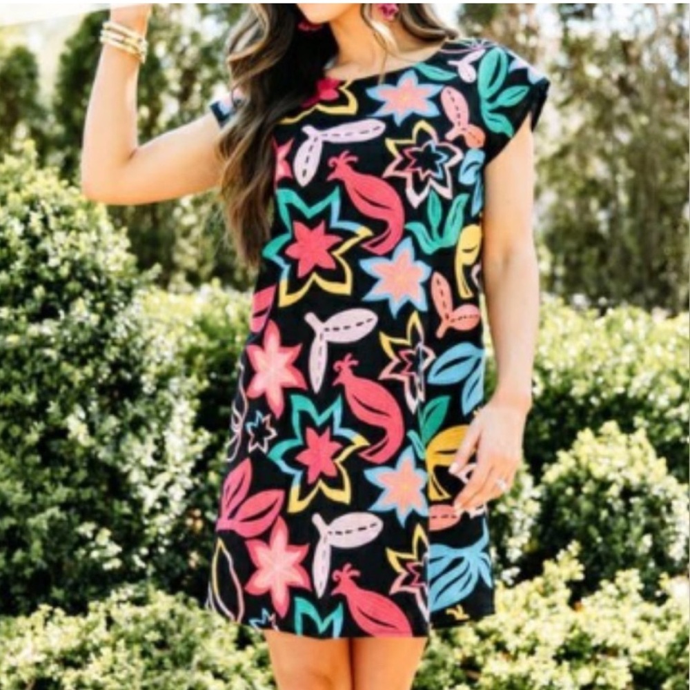 ANDREE BY UNIT Black Shift Dress with Colorful Floral Embroidery